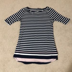 Navy and white striped maternity shirt.